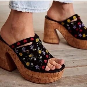 FREE PEOPLE Platform Mules | Floral Velvet Cork Heels